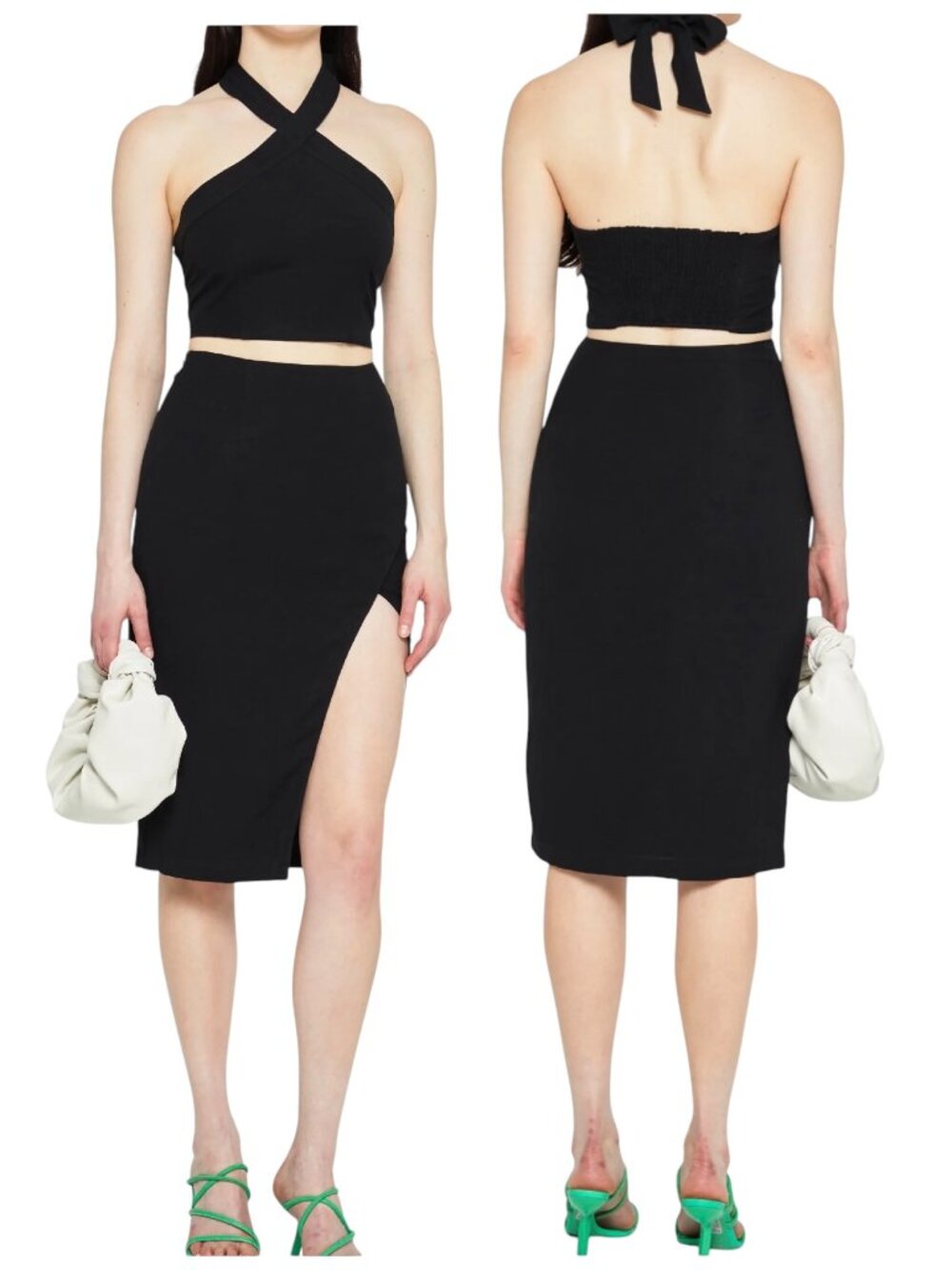 Kourt Kaye Black Linen Blend Halter Crop Top & Midi Skirt Set NWT XL